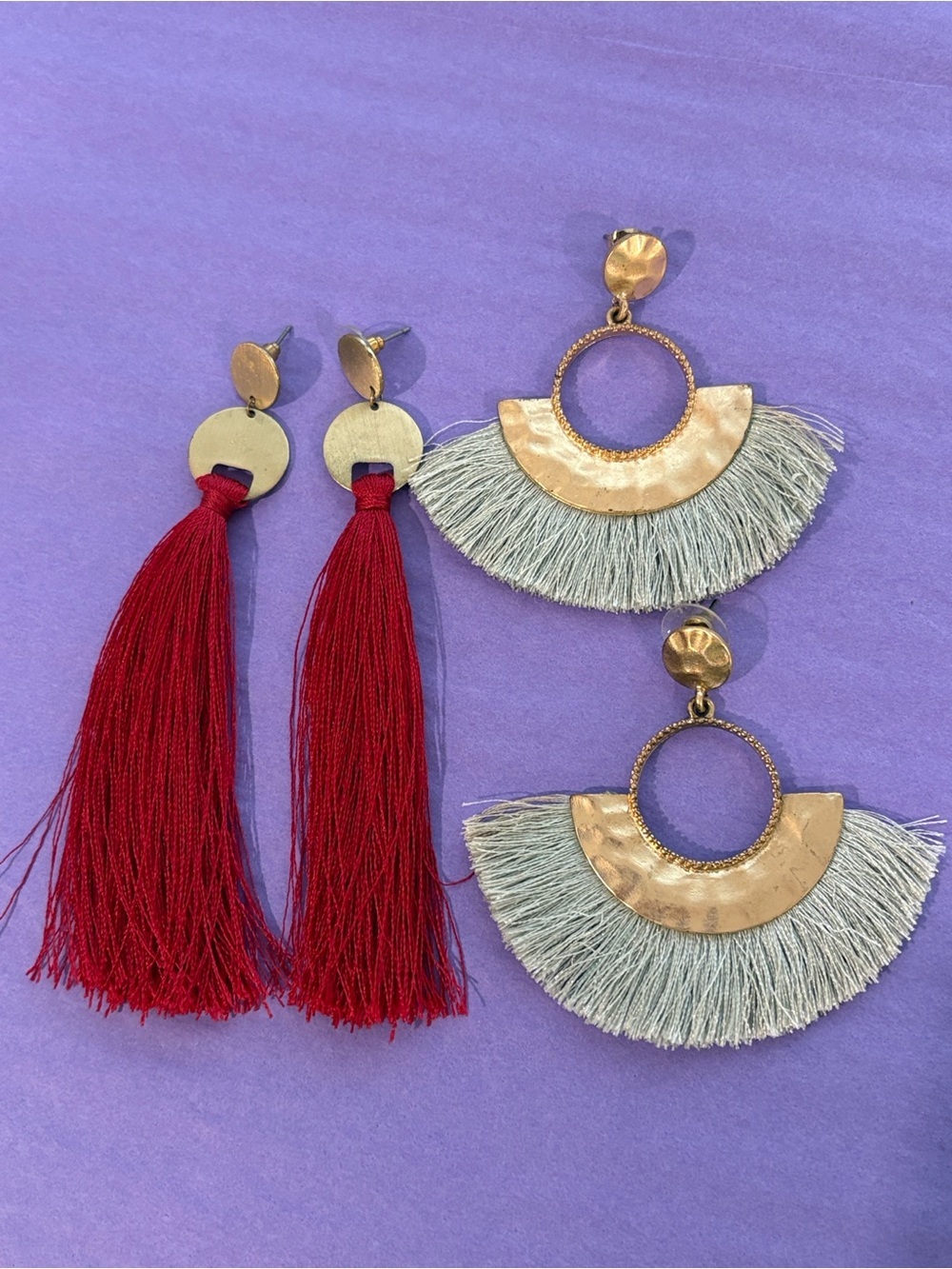 Handmade Fringe Statement Earrings - Red Tassel and Light Gray Fan Styles